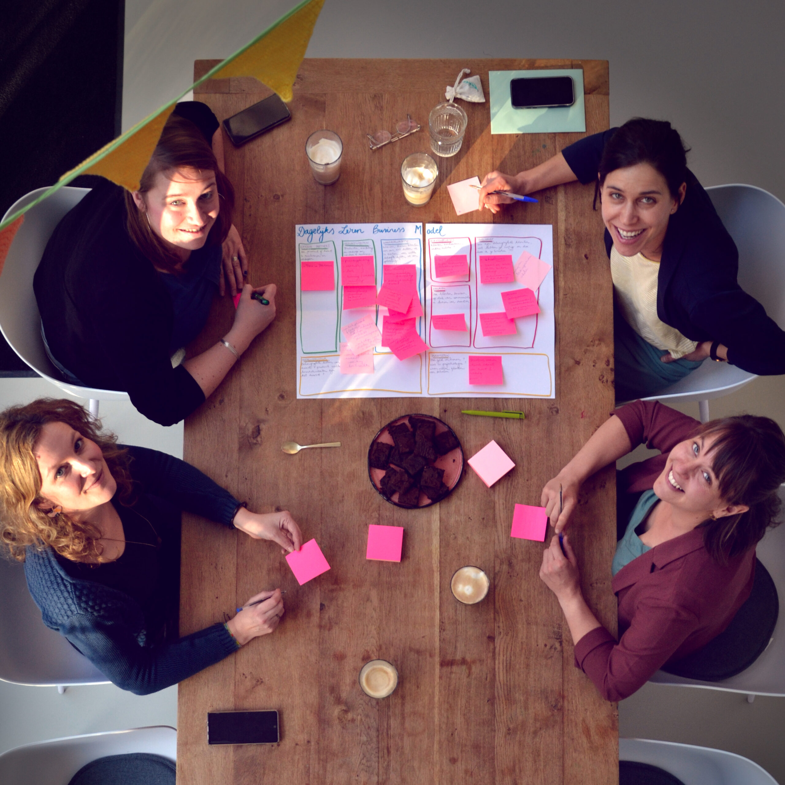 De vier procesbegeleiders van Dagelijks Leren werken aan hun businessplan door te brainstormen met post-its.